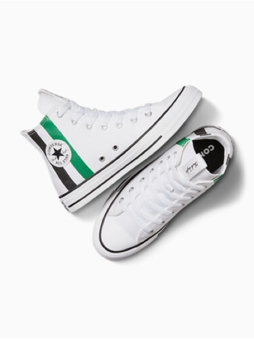Converse Chuck Taylor Kids White Sneakers with Green and Black Stripes